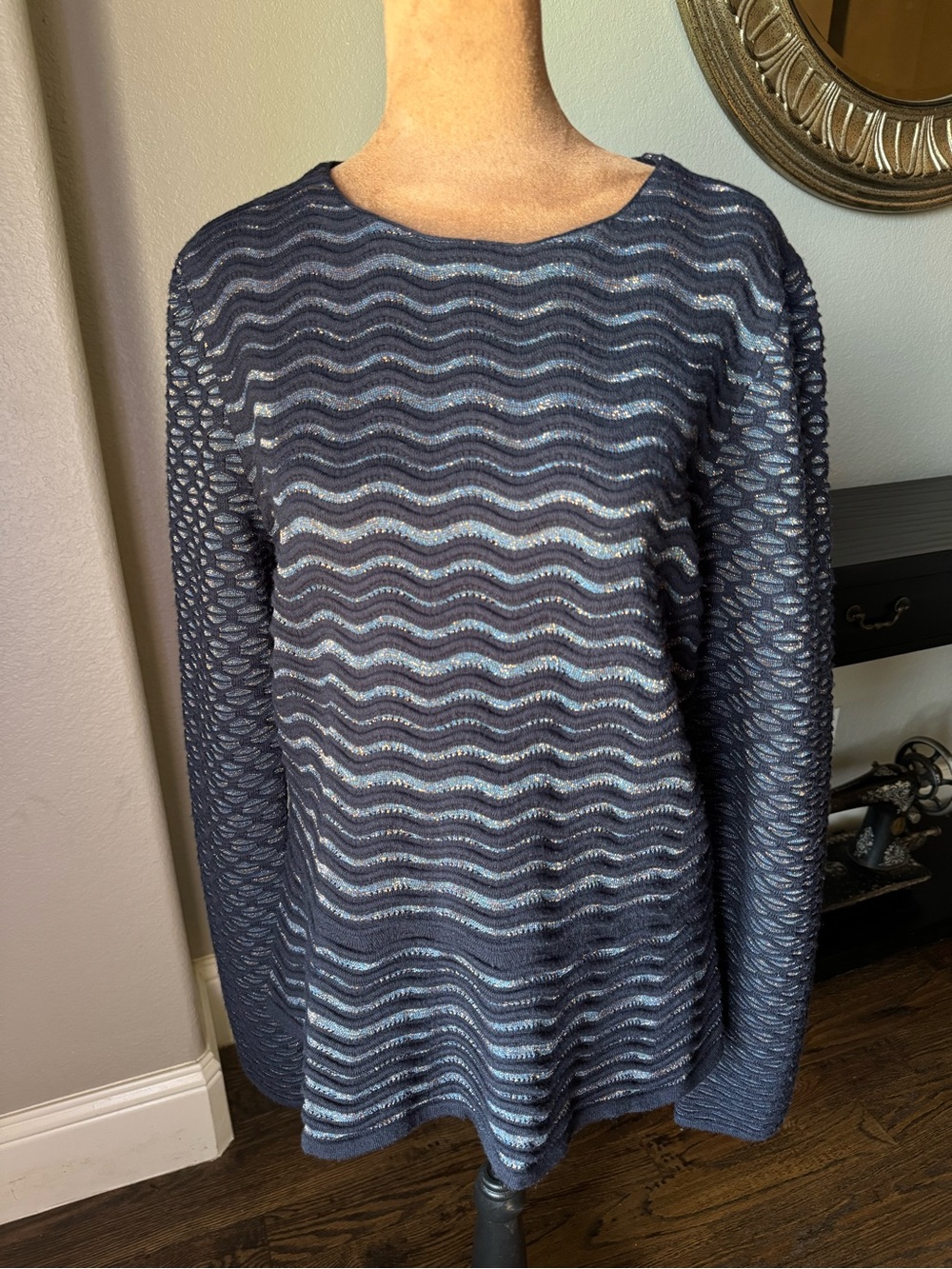 Tory Burch Lurex Blue Metallic Wave Scallop Knit Sweater Large Merino Wool L